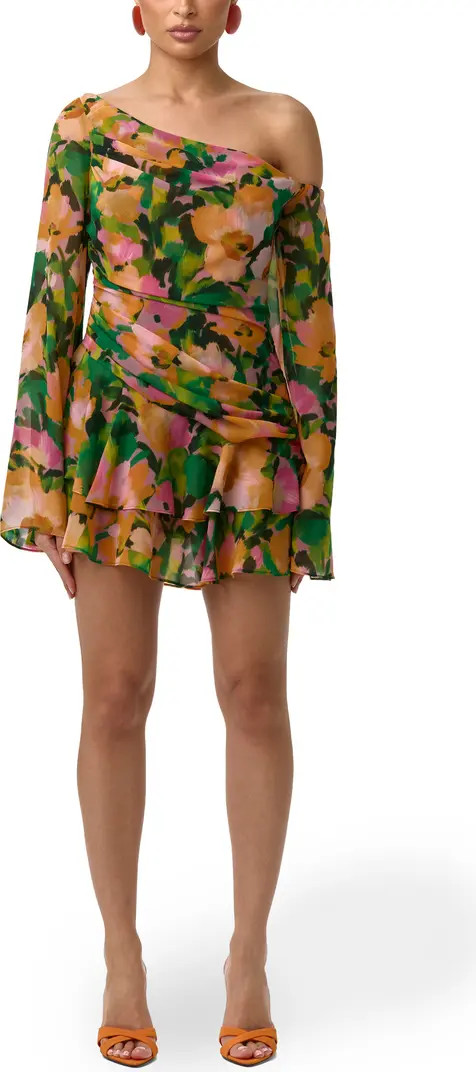Naked Wardrobe Ruffle Print One-Shoulder Long Sleeve Minidress | Nordstrom | Nordstrom