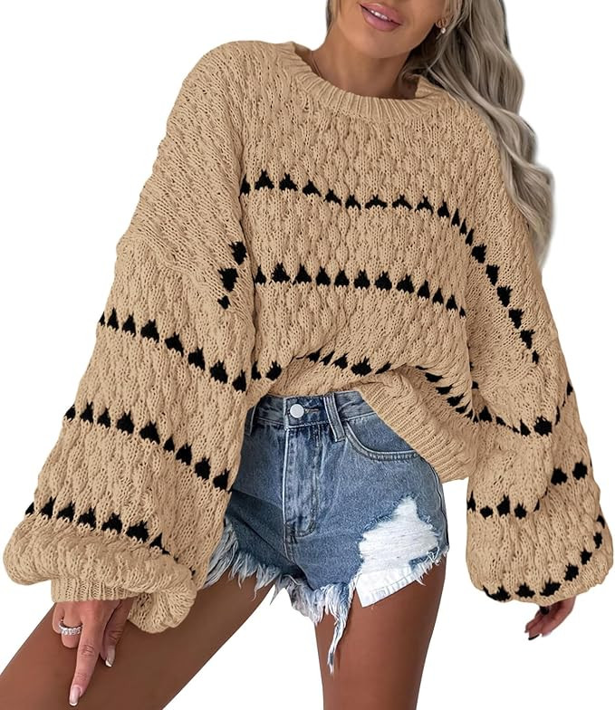 Okiwam Womens Fall Sweaters 2024 Long Sleeve Crew Neck Striped Color Block Pullover Loose Chunky ... | Amazon (US)