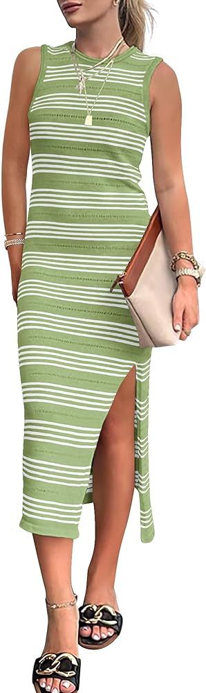 BTFBM Women's Sleeveless Summer Dresses 2024 Crew Neck Casual Sundress Hollow Out Side Slit Bodyc... | Amazon (US)