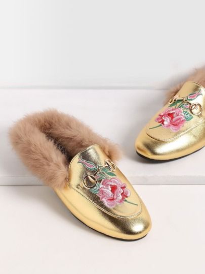 Gold Rose Embroidered Fur Trim Loafer Slippers | SHEIN