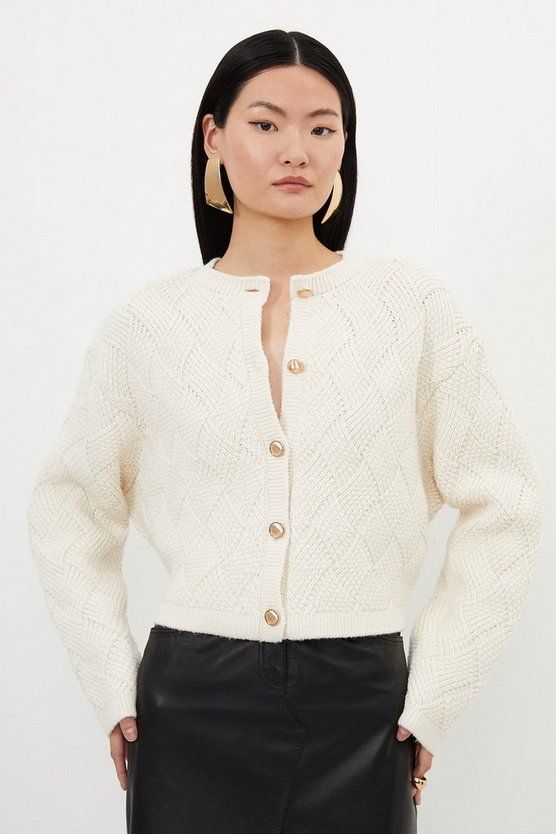 Wool Blend Button Chunky Textured Knit Cardigan | Karen Millen UK + IE + DE + NL