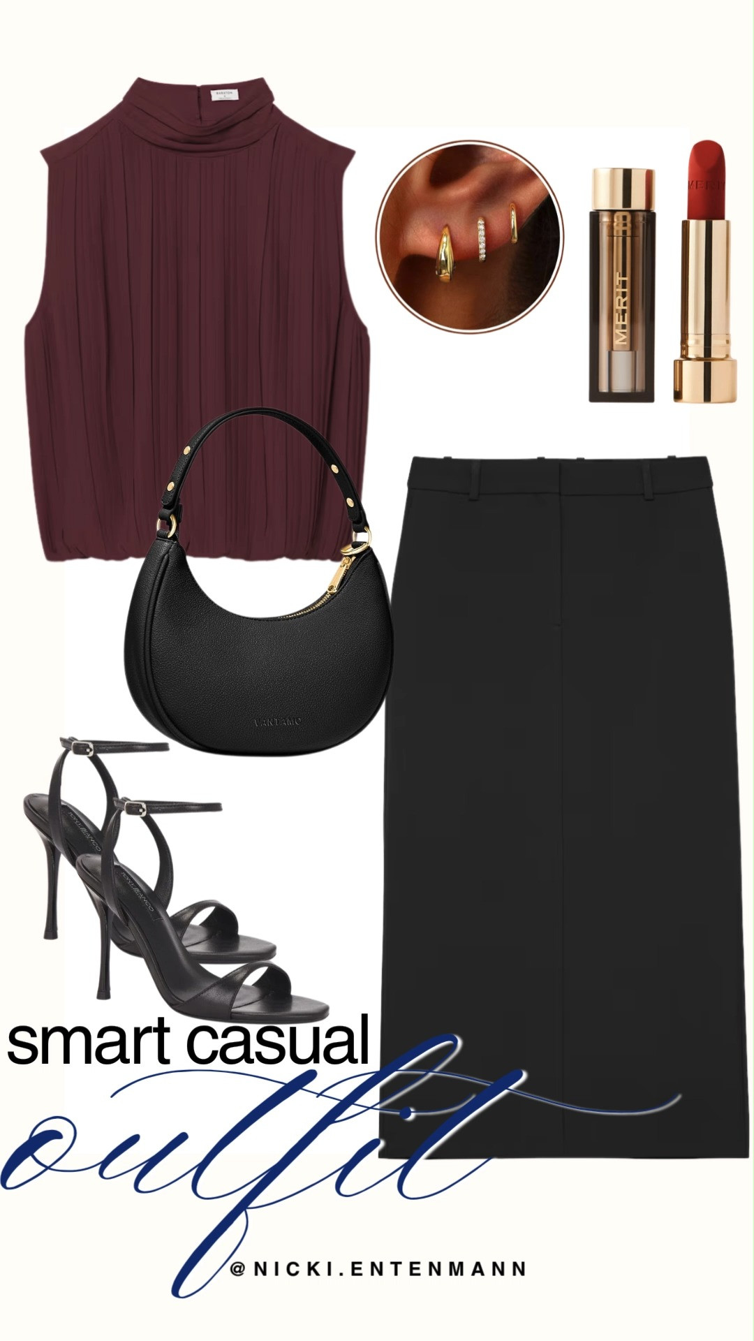 Elevate your wardrobe with this smart casual outfit featuring a rich burgundy pleated high-neck sleeveless top styled with a tailored black midi skirt. Complete the look with strappy black high-heeled sandals, a sleek black shoulder bag, delicate gold huggie earrings, and a bold red lipstick. It is the perfect sophisticated ensemble for dinner dates, work events, or chic evening gatherings.

#smartcasual #chicstyle #workwear #datenightoutfit #fallfashion #outfitinspiration #everydayfashion 

 #LTKootd #LTKmomlife #LTKSaleAlert