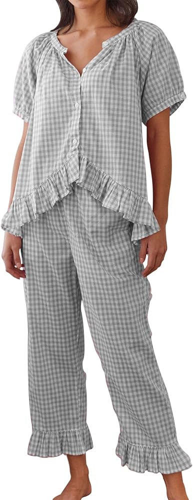 Argeousgor Women Plaid Pajama Sets 2 Piece Outfits Short Sleeve Button Down Shirt Ruffle Pants Pj... | Amazon (US)