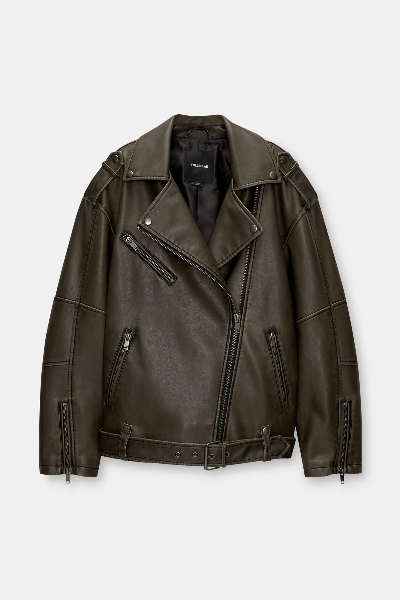 Distressed faux leather biker jacket | PULL and BEAR UK