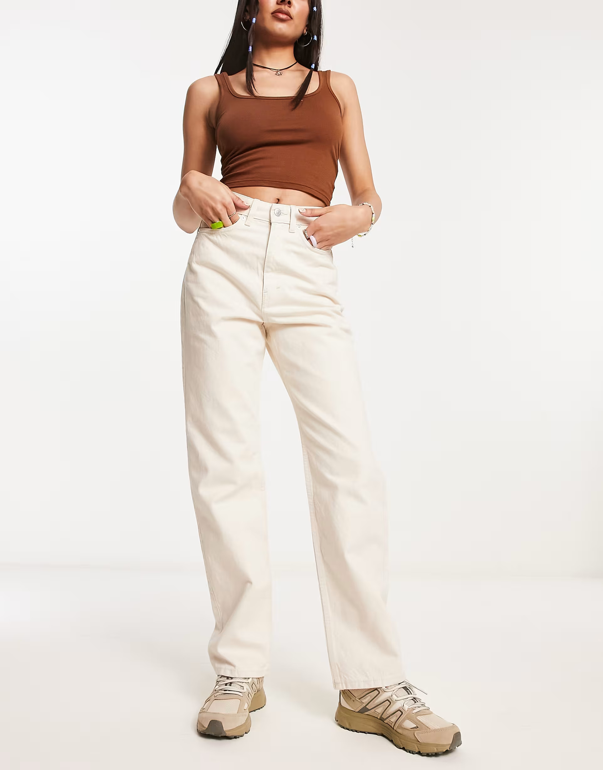 Weekday Rowe extra high waist straight leg jeans in ecru | ASOS (Global)