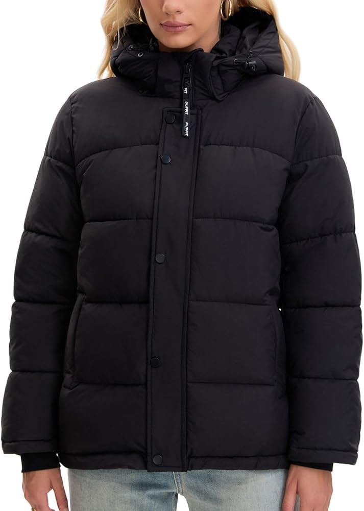 Women Mid Lenth Puffer Jacket, Warm Thicken Hooded Winter Coats, Windproof Long Sleeve & Hood,3 P... | Amazon (US)