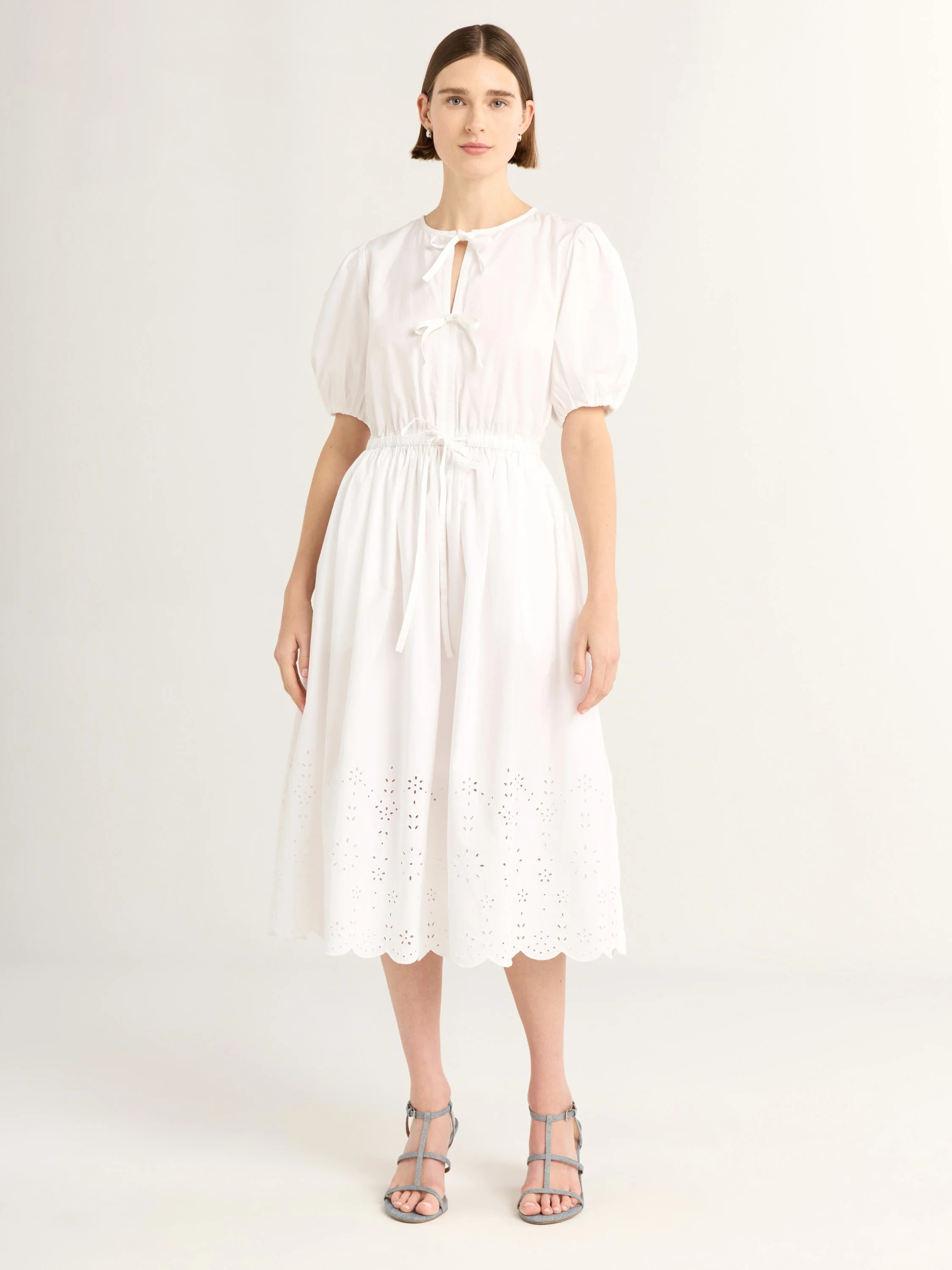 Free Assembly Women's Plus Tie Front Cotton Eyelet Midi Dress with Short Puff Sleeves, Sizes 1X-4... | Walmart (US)