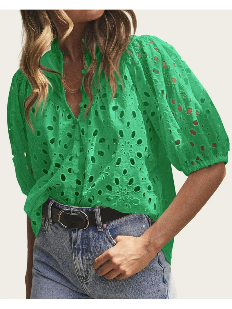 PRETTYGARDEN Women's Summer Tops Dressy Casual Short Lantern Sleeve V Neck Buttons Hollow Out Lac... | Walmart (US)