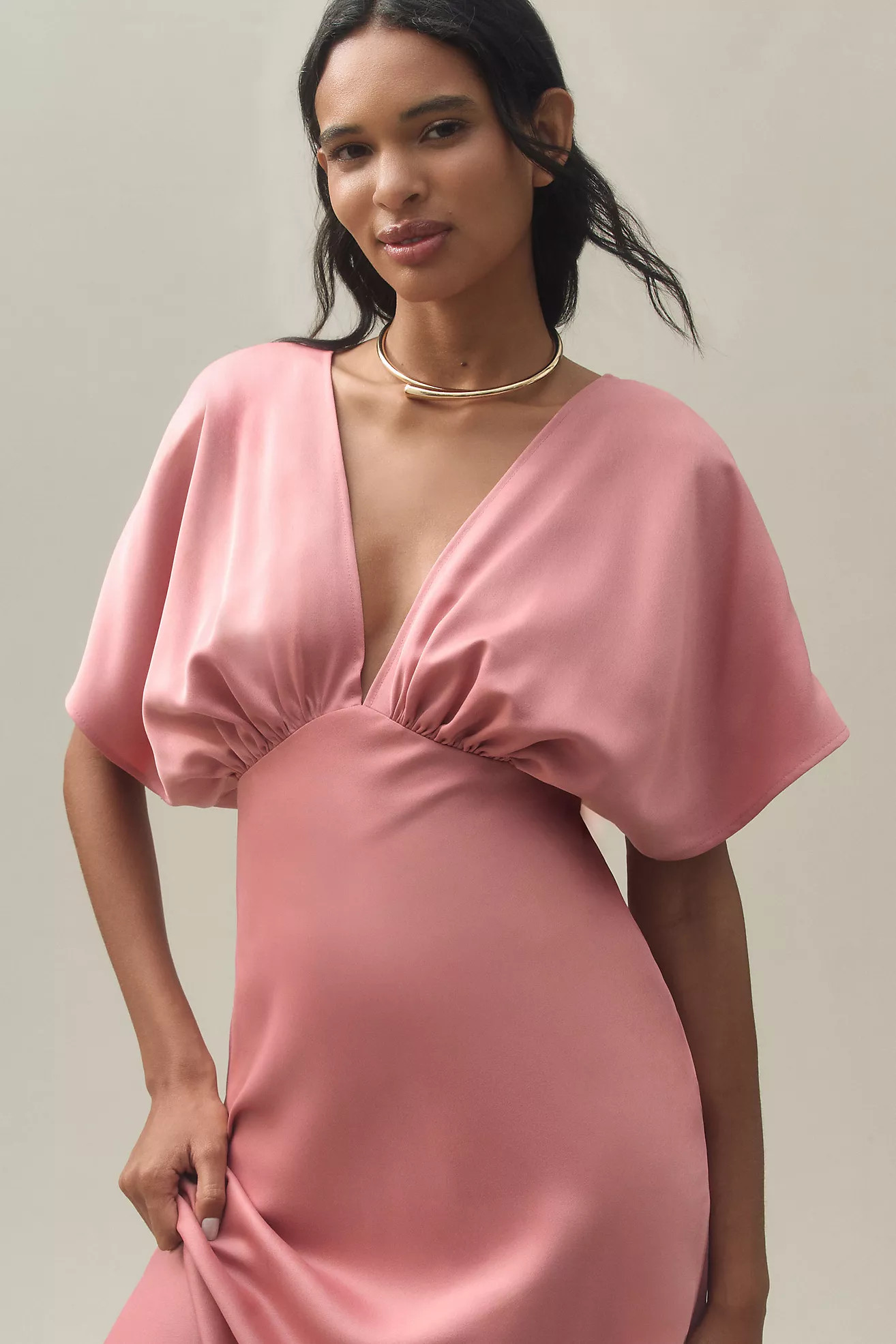 BHLDN Leila Deep-V Flutter-Sleeve Satin A-Line Gown | Anthropologie (US)