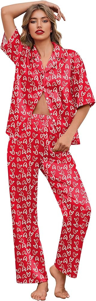 Ekouaer Silk Satin Pajamas Set Women Short Sleeve Pj Sets Button Down Sleepwear 2 Piece Soft Loun... | Amazon (US)