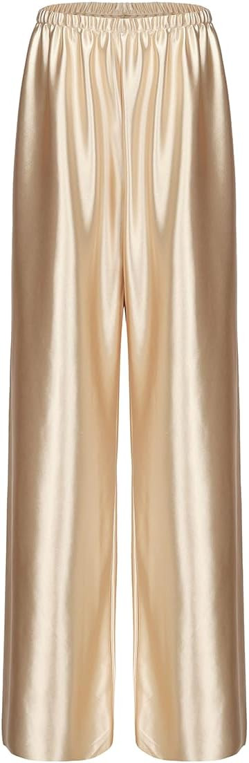 Women Satin Wide Leg Dress Pants Silk Casual Dressy Long Flowy Pants Elastic High Waisted Trousers | Amazon (US)