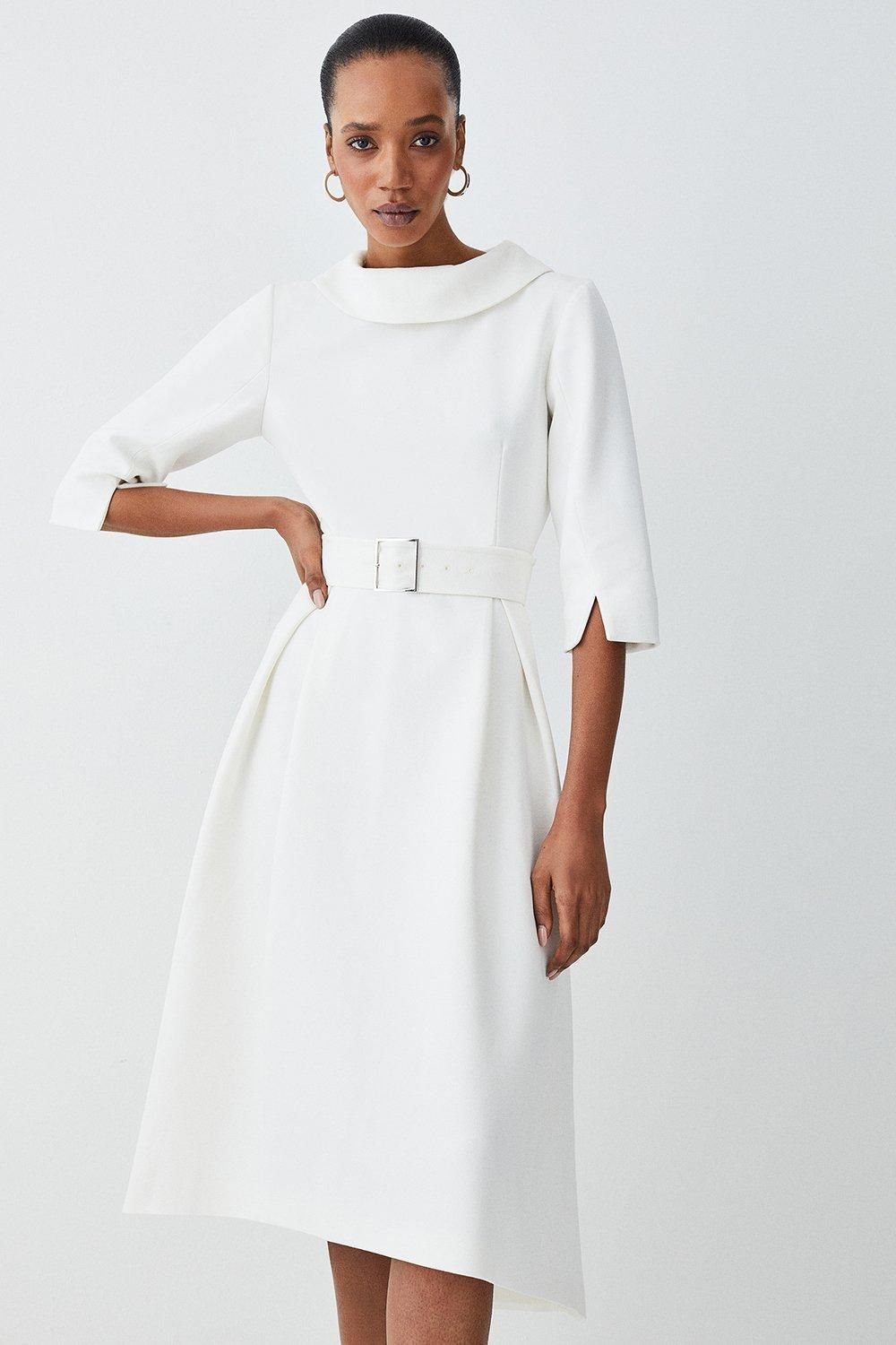 Structured Crepe Turtleneck Dip Hem Midi Dress | Karen Millen US