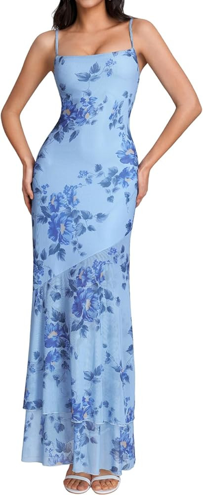 XinFSh Women's Floral Wedding Guest Maxi Dress Spaghetti Strap Ruffle Bodycon Elegant Long Formal... | Amazon (US)
