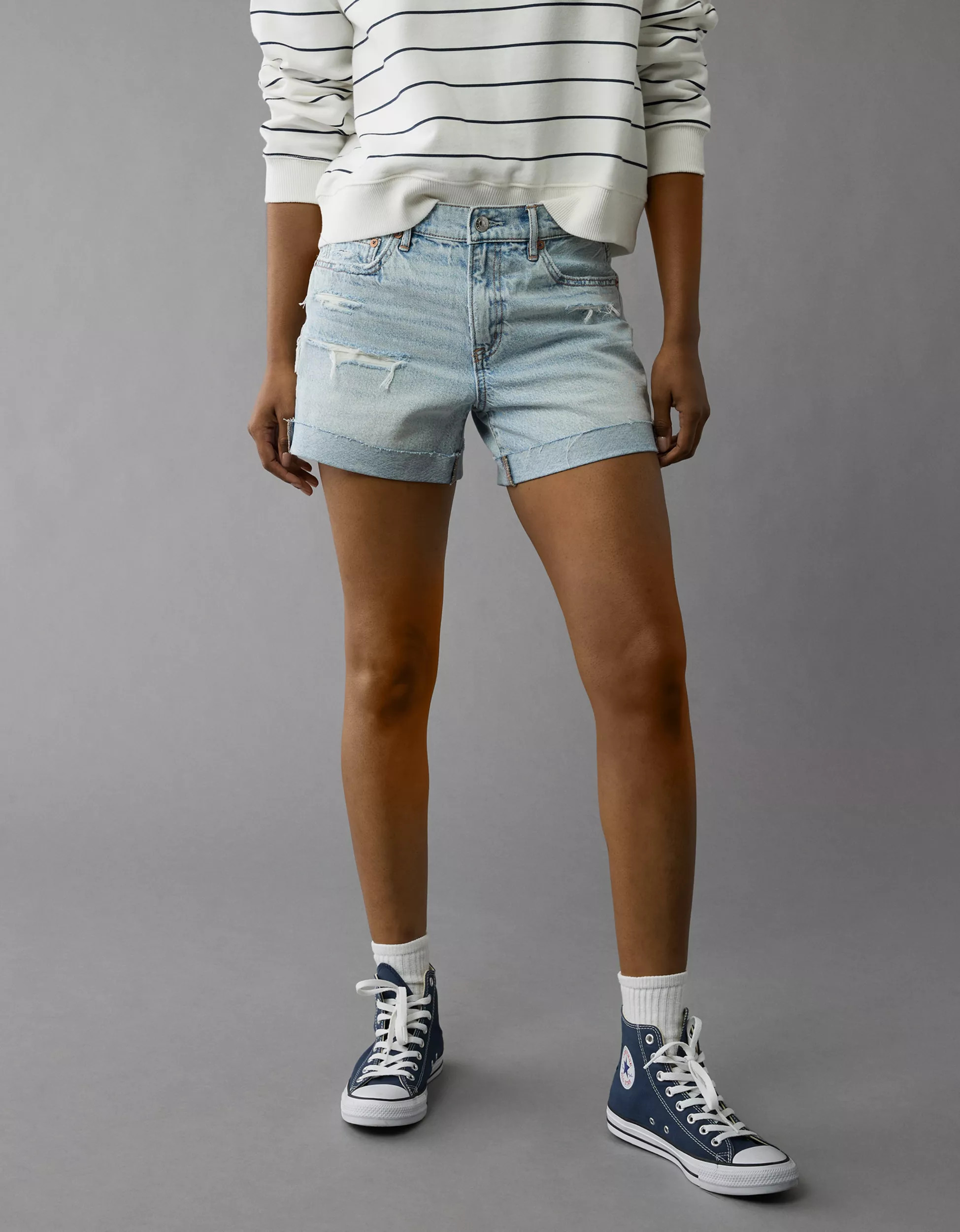 AE Strigid Ripped 4" Perfect Denim Short | American Eagle Outfitters (US & CA)