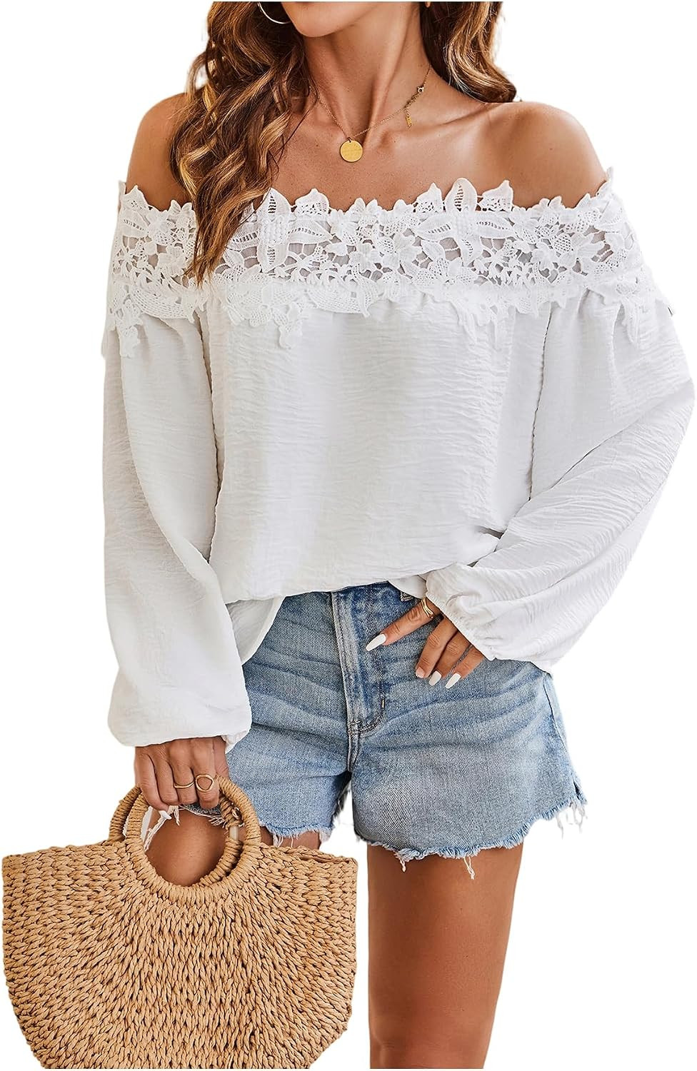 SweatyRocks Women's Lace Off The Shoulder Top Long Sleeve Vacation Blouse | Amazon (US)