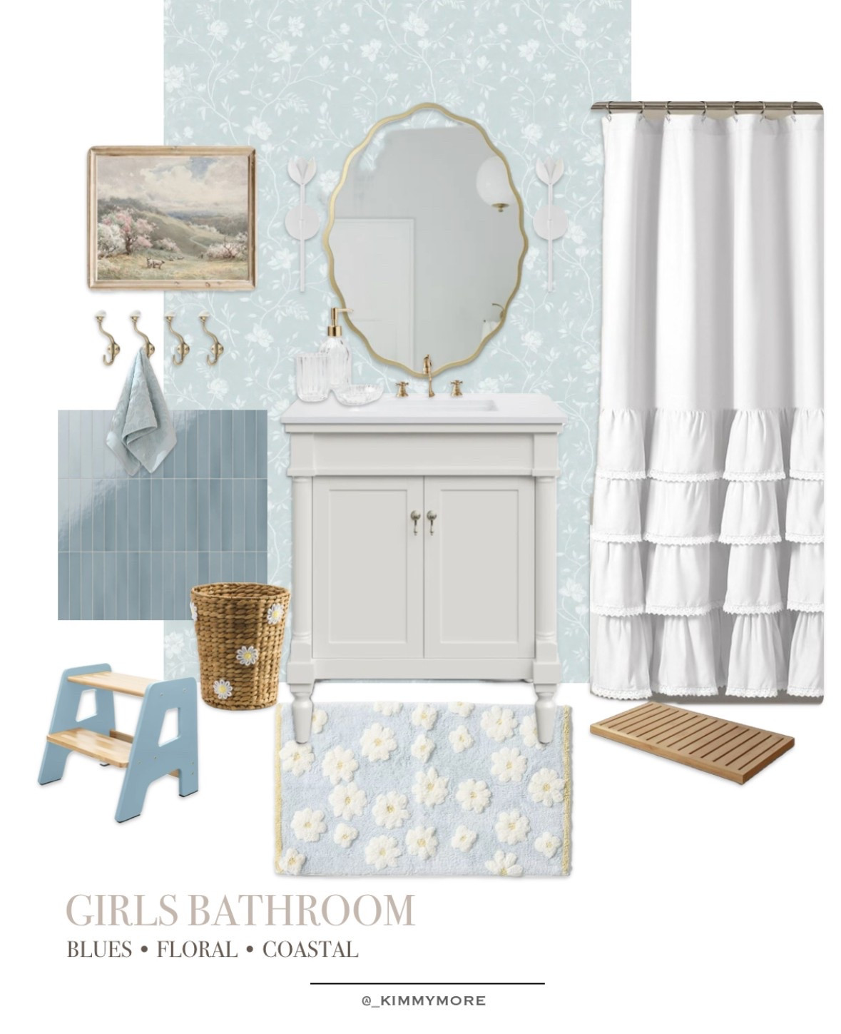A dreamy girls’ bathroom with soft blues, floral details, and a touch of coastal charm! 
🌼From the daisy bath mat to the scalloped mirror, every detail adds a sweet and timeless feel. Shop this look to create a bathroom that’s both functional and beautiful! #GirlsBathroom #CoastalDecor #FloralWallpaper 

#LTKHome #LTKFamily #LTKHome #LTKKids