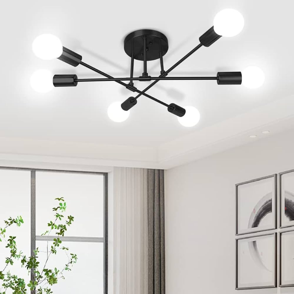 Modern Sputnik Chandelier Ceiling Light Fixture with 6 Lights Black Mid Century Semi Flush Mount ... | Amazon (US)