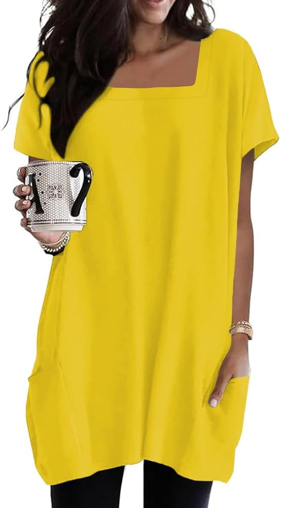 Poetsky 2025 Summer Tunic or Tops for Women to Wear with Leggings Square Neck Casual Long T Shirt... | Amazon (US)