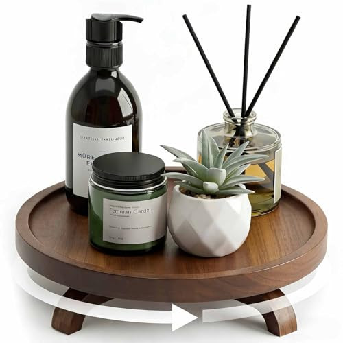 10" Solid Wood Lazy Susan Turntable Organizer for Cabinet, Pantry, Kitchen Countertop - Farmhouse Style with Raised Feet & Water-Resistant Coating, Rustic Bathroom Vanity Tray and Dining Table Decor | Amazon (US)