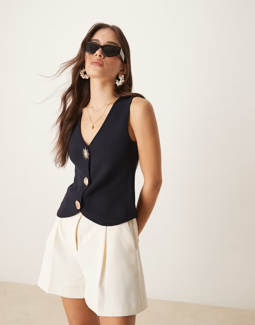 Mango compact knit vest with gold statement buttons in black | ASOS (Global)