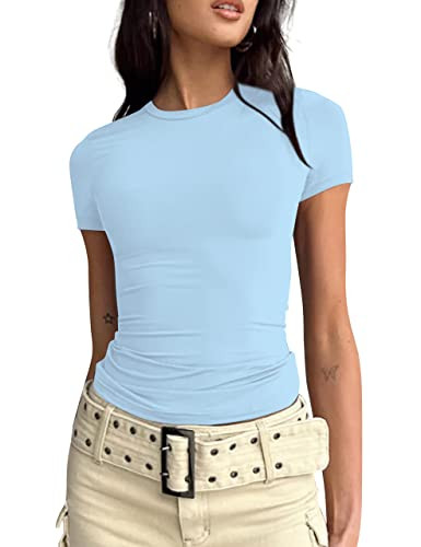 BAIGRAM Women’s Basic Slim fit Crop Top Tee Shirt Short Sleeve Workout Round Neck Cropped Tshirt Azure Blue | Amazon (US)