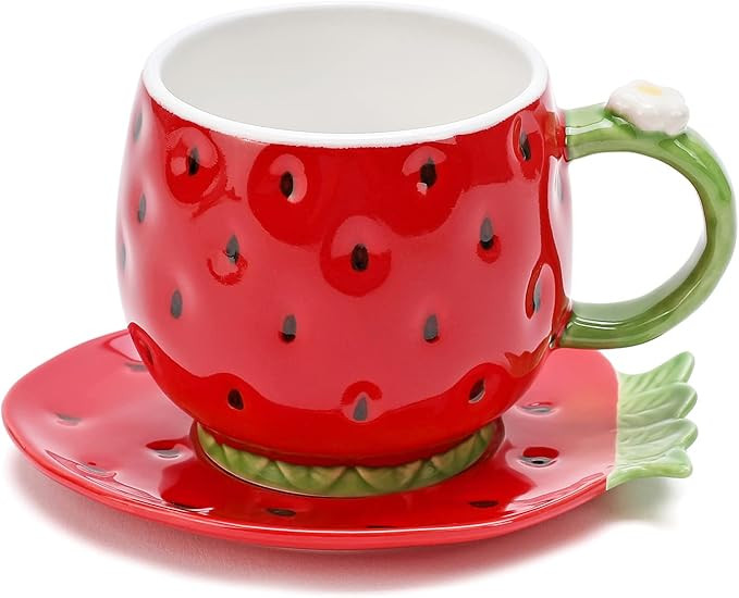 Ceramic Tea Cup and Saucer Coffee Mug Strawberry Coffee Cup with Saucer - 8 Ounce (Red) | Amazon (US)