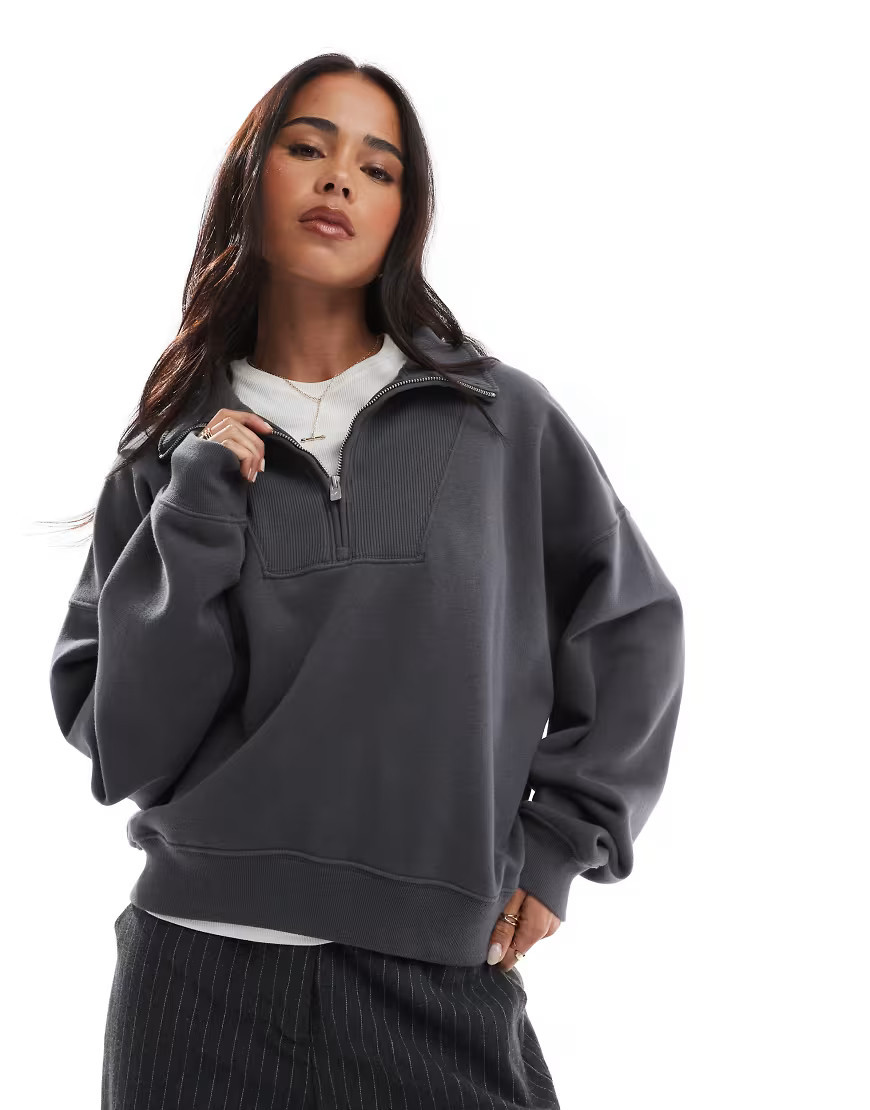Hollister oversized ribbed half zip sweat top in charcoal-Grey | ASOS (Global)