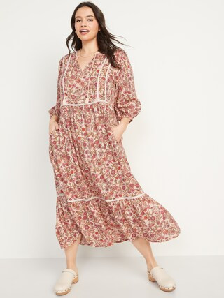 Floral-Print 3/4-Sleeve Tie-Neck Maxi Swing Dress for Women | Old Navy (US)
