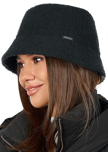 Black Fuzzy Bucket Hat for Women - Winter Faux Fur Bucket Hat - Fluffy Sherpa Bucket Hats for Women | Amazon (US)