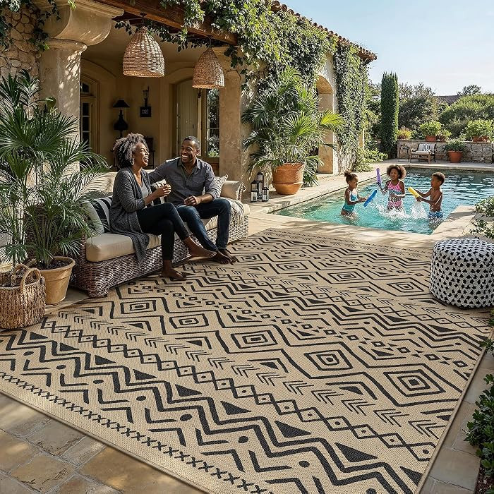 9x12 Easy Jute Outdoor Rug Black Boho Indoor Outdoor Area Rug Farmhouse Patio Carpet for Backyard... | Amazon (US)