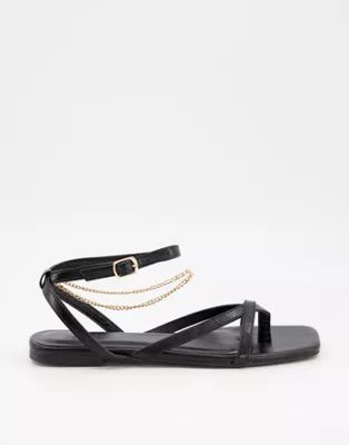 ASOS DESIGN Flames flat sandals with ankle chain in black | ASOS (Global)
