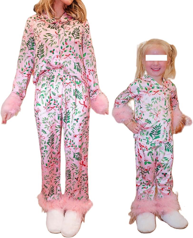 Seyumixi Mommy and Me Christmas Pajamas Set Feather Trim Long Sleeve Button Down Matching Xmas Sl... | Amazon (US)