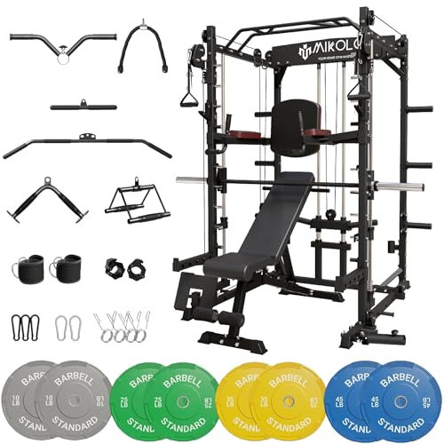 Mikolo SmithMachine, Multifunctional Power Cage Squat Rack with Cable Crossover System and Dip Station, 2250lbs Capacity Home Gym with LAT Pull Down System, Black Home Gym Package | Amazon (US)
