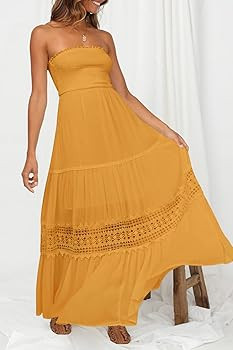 ZESICA Women's 2024 Summer Bohemian Strapless Off Shoulder Lace Trim Backless Flowy A Line Beach ... | Amazon (US)