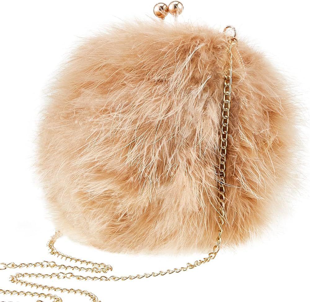 Women's Feather Clutch Purse Faux Fluffy Feather Round Clutch Shoulder Crossbody Bag Vintage Even... | Amazon (US)
