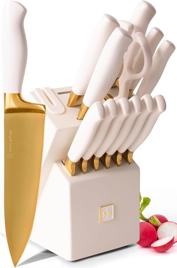 Gold Knife Set with Block Self Sharpening - 14 PC Luxurious Titanium Coated Gold and Off-White Ki... | Amazon (US)