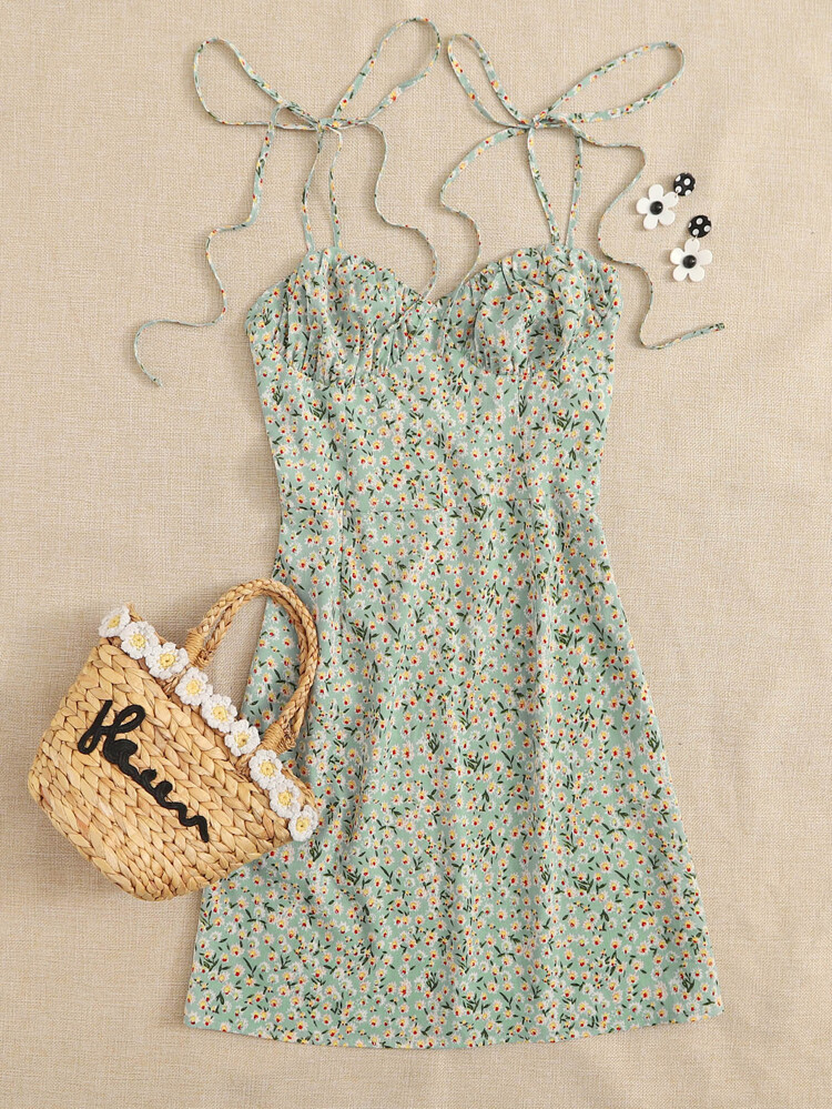 SHEIN Knotted Shoulder Ruched Bust Ditsy Floral Cami Dress | SHEIN