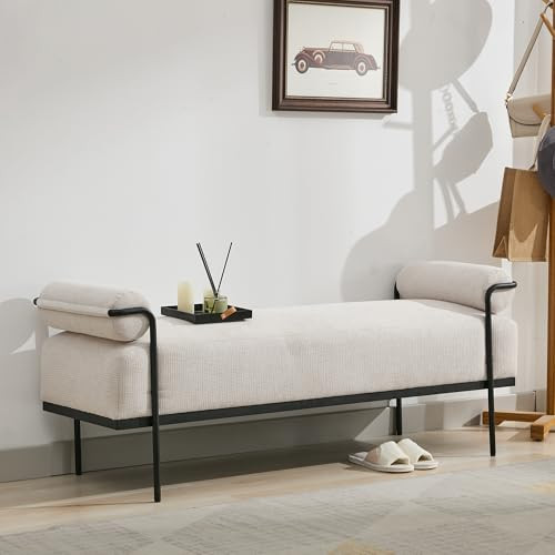 SOFTHION End of Bed Bench 61.2",Entryway Bench,Modern Upholstered Bench Ottoman,Chenille Paded Footrest Stool with Metal Legs for Living Room, Foyer Mudroom Hallway,Beige | Amazon (US)
