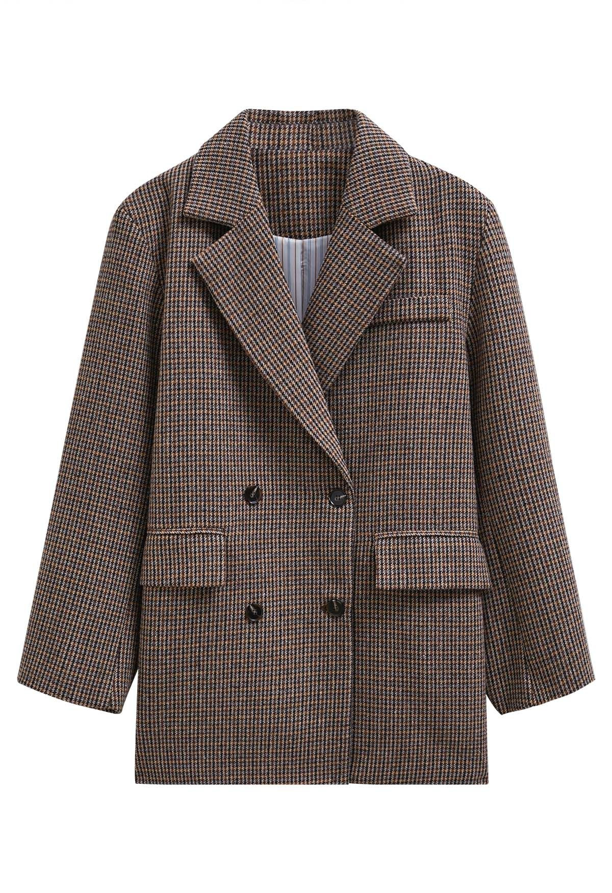 Refined Houndstooth Double-Breasted Wool-Blend Blazer | Chicwish