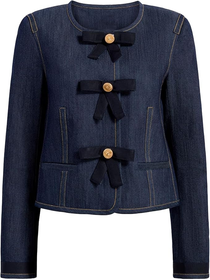 Women's Long Sleeve Cropped Collarless Jean Jacket Button Down Casul Slim Fit Y2k Bow Short Denim... | Amazon (US)