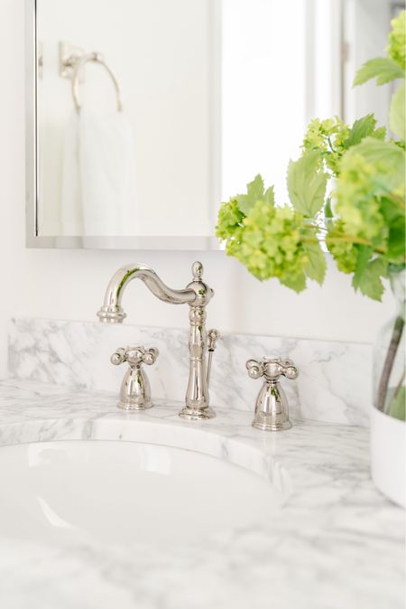 Our renovated guest bathroom in our last house includes a beautiful polished nickel faucet, a double sink cane vanity with marble top, a silver pivot wall mirror, a paint dipped vase with faux greenery, silver bathroom hardware, white hand towels with a navy blue border and brass sconce lights. Other items not shown include classic white subway tile, a white shower curtain and a gold star light flush mount. 

bathroom inspo, bathroom cabinet, bathroom decorating, bathroom countertop, bathroom hand towels, bathroom mirror, amazon home décor, amazon bathroom accessories, pottery barn vanity, lowes tile, serena and lily bathroom, serenaandlily vase, pb home, pottery barn mirrors, bathroom vanities, bathroom hardware, bathroom mirrors, bathroom accessories set, coastal decorating, coastal design, coastal inspiration    


#liketkit #LTKfindsunder50 #LTKfindsunder100 #LTKSeasonal #LTKhome #LTKsalealert #LTKstyletip #LTKstyletip #LTKfindsunder100 #LTKhome #LTKSeasonal #LTKsalealert

#LTKhome #LTKsalealert #LTKSeasonal