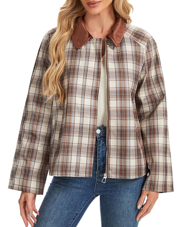 Fall Jackets Casual Plaid Barn Jackets for Women Lightweight Trendy Outwear with Contrast Suede C... | Amazon (US)