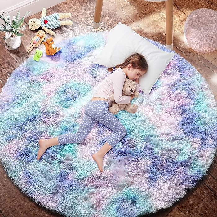 PAGISOFE Round Rugs 5Ft Cute Shaggy Circle Rug for Girls Bedroom, Purple Rainbow Rugs for Kids Ro... | Amazon (US)