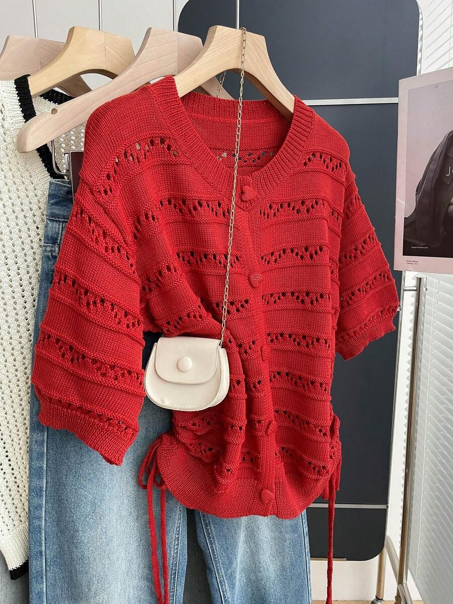 Franclia Casual Style Loose Round Neck Short Sleeved Woolen Hollow Knitting Side Drawstring Desig... | SHEIN