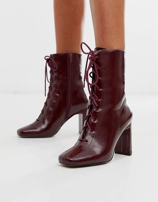 ASOS DESIGN Expression lace up heeled boots in burgundy | ASOS US