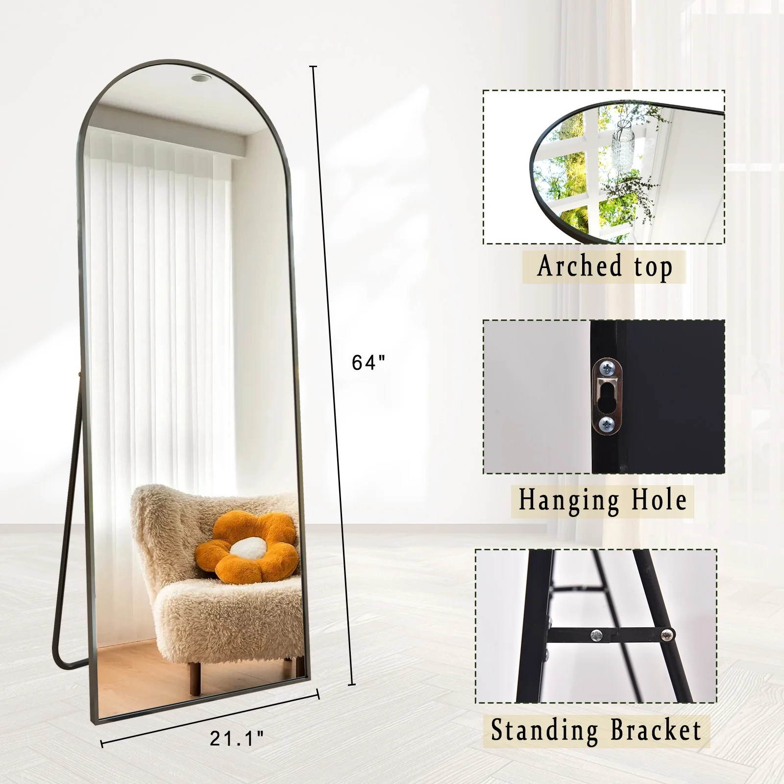BEAUTYPEAK Arched Full Length Floor Mirror 64"x21.1" Full Body Standing Mirror,Black - Walmart.co... | Walmart (US)