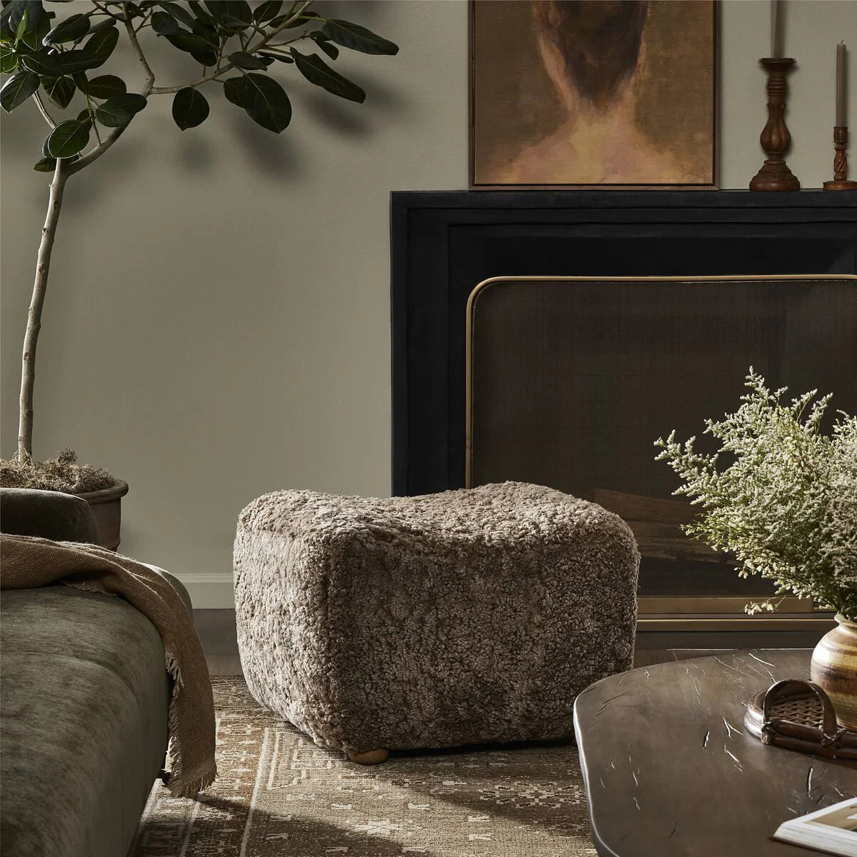 Amber Lewis x Four Hands Oslo Ottoman in Taupe Shearling | The Addison West