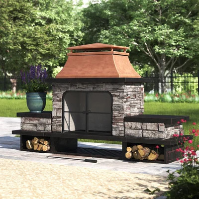 Sunjoy Quillen Outdoor Fireplace, Patio Wood Burning Fireplace with Steel Chimney, Mesh Spark Screen Doors and Fire Poker | Wayfair North America