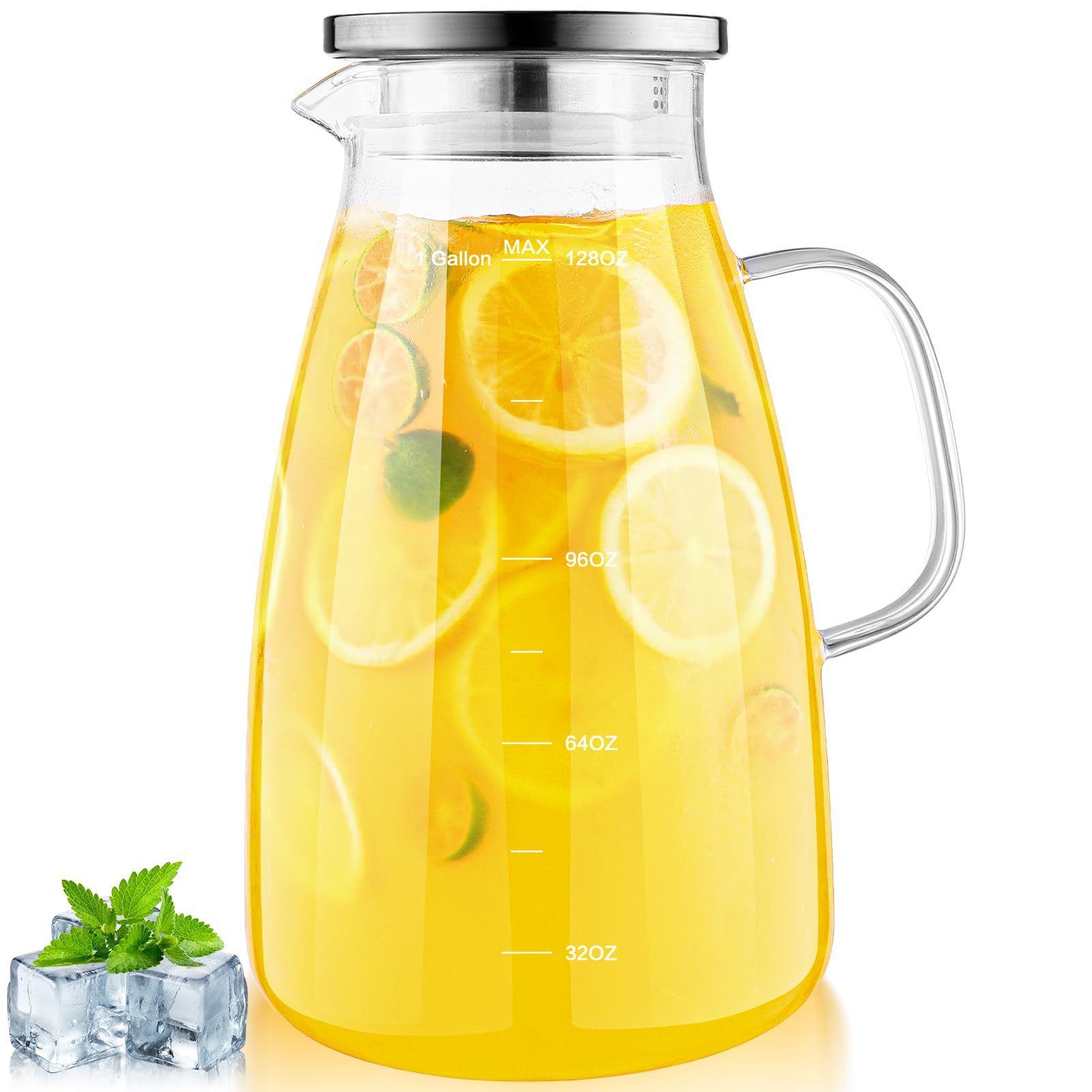 1 Gallon 128oz Glass Pitcher, Water Pitcher with Lid and Spout, Glass Carafe for Hot/Cold Drink, ... | Amazon (US)