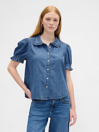 Relaxed Denim Puff Sleeve Top | Gap Factory